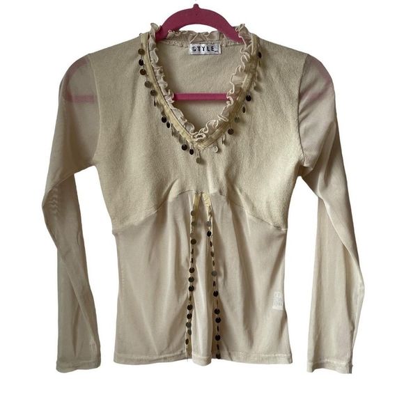 Vintage Y2K‎ sand yellow sheer mesh beaded top  M - Picture 1 of 8